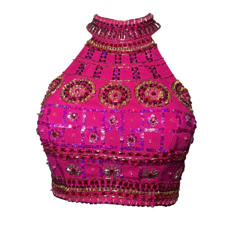 Gail McInnis Productions Hot Pink Beaded Halter Crop Top Pageant Sequins